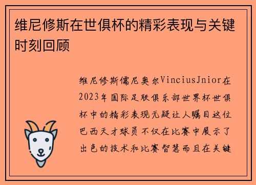 维尼修斯在世俱杯的精彩表现与关键时刻回顾